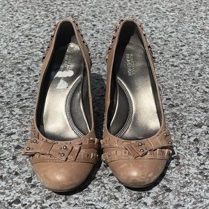 Tan Wedges with ruffled details.